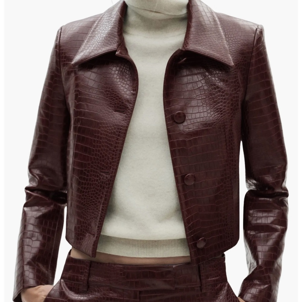 Mango Croc-Embossed Leather Jacket in Dark Brown